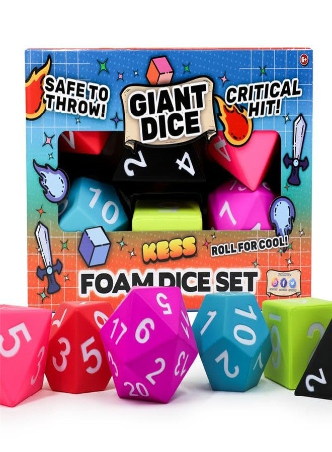 KESS Big Box Combo Set of Six Jumbo Foam Dice: One Each of D20, D12, D10, D8, D6, and D4 dice in Assorted Vibrant Colors - Image 1